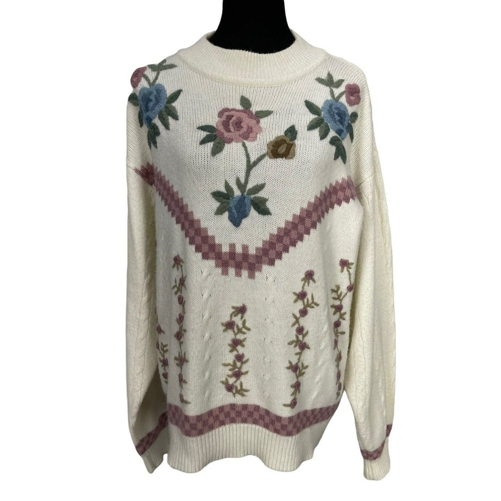Vintage 1980"s Alfred Dunner Women's 3X Sweater Ivory Dusty Rose Embroidery Crew